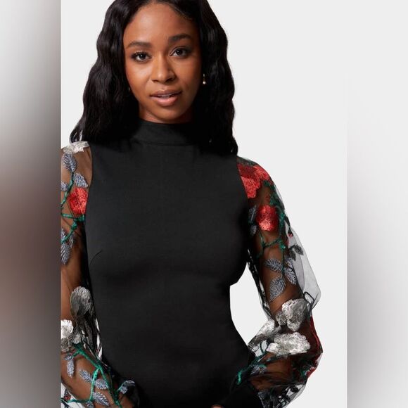 Absolutely Famous Embroidered Floral Puff Sleeve Women's Sweater (Size S) - Picture 4 of 11